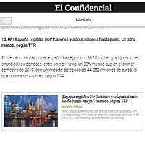 Espaa registra 867 fusiones y adquisiciones hasta junio, un 30% menos, segn TTR